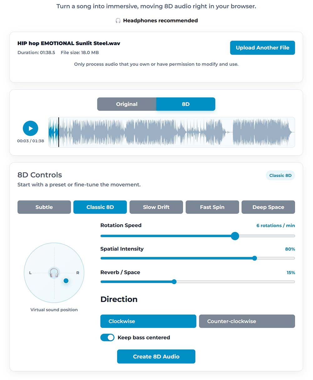 8d audio maker converter free online tool screenshot